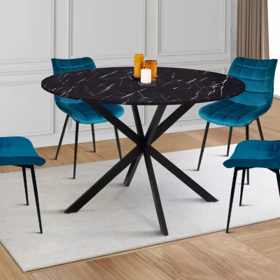 Imagen de IDMarket Mesa de comedor redonda Alaska 4 6 personas efecto mármol negro y pie araña metal 110 cm