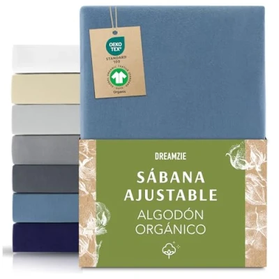 Imagen de Dreamzie Premium Sabanas 80x200 cm, Sabana Bajera cm Ajustable Algodon Orgánico, 150 g/m² Azul Certificada sin Productos Químicos (Oeko Tex)