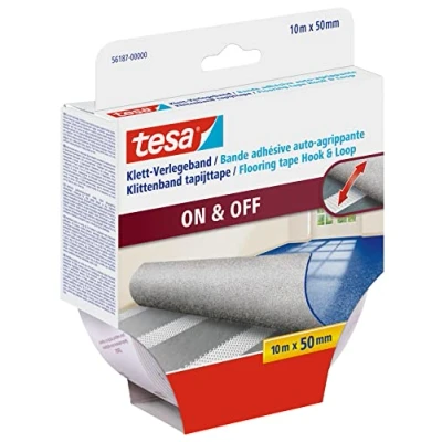 Imagen de tesa Hook &amp; Loop Cinta Adhesiva para Suelos Banda Autoadhesiva Alfombras con Soporte de Lana y Fieltro Adecuada superficies duras, secas limpias 10 m x 50 mm