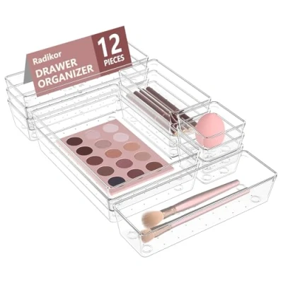 Imagen de Radikor 12 Piezas Organizadores de Cajones Plástico Transparente, Separadores Escritorio 4 Tamaños, Bandejas Almacenaje para Maquillaje, Baño, Oficina, Cocina