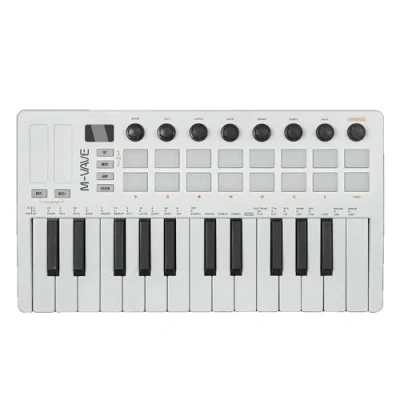 Imagen de M Vave SMK 25 MKII Teclado Controlador Inalámbrico BT Midi con 16 Drum Pads Retroiluminados, 8 Botones, Arpegio, USB, Blanco