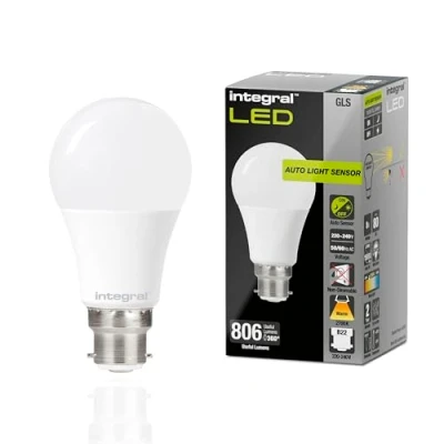 Imagen de Integral LED 2 PKGLS B22 bombilla sensor crepuscular mate no regulable Blanco cálido 2700K, 806lm, 8W (60W equivalente) Eficiente e ideal para exterior, porche, garaje, jardín, patio