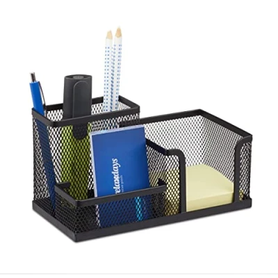 Imagen de Relaxdays Lapicero Grande con Compartimentos, Metal, Negro, 10 x 18.5 9.5 cm