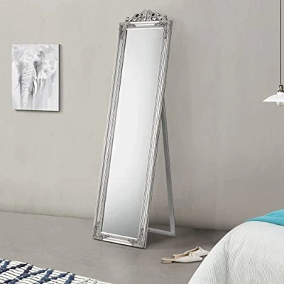 Imagen de [en.casa] Espejo de Pie 160x40 cm Suelo Marco Estilo Barroco Inclinable Ajustable Decoración Salón Dormitorio Eucalipto Plateado