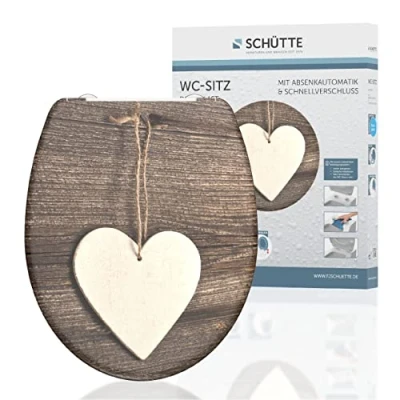 Imagen de SCHÜTTE Wood Heart 82377 Asiento de inodoro plástico termoestable Duroplast con descenso automático y cierre rápido para una fácil limpieza, carga máx. 150 kg, diseño corazón