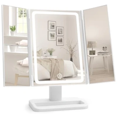 Imagen de Espejo Maquillaje con Luz Aumento 1X/2X/3X LED de Tocador sin Cable Mesa Luces Sobremesa para Maquillarse Plegable Regalos Originales Mujer &amp; Niña