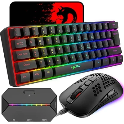 Imagen de Teclado compacto 60% con cable para juegos, 61 teclas, 11 retroiluminación RGB, teclas completas, antifantasma, ratón ligero cable, óptico de panal abeja 2400 DPI + adaptador