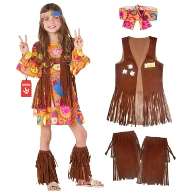 Imagen de Morph Disfraz Hippie Niña, Chaleco Flecos Hippie, Niña Años 70, Accesorios Carnaval Talla XL
