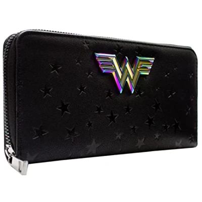 Imagen de Metahuman Wonder Woman Emblema Metálico Iridiscente Estrellas en Relieve Cartera Clutch Bolsillo para Monedas &amp; Tarjetero, Negro