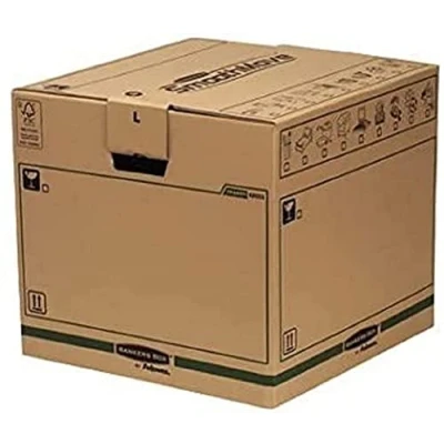 Imagen de BANKERS BOX SmoothMove Cajas de transporte y mudanza súper resistentes, doble espesor, con asas, no necesita cinta embalar, montaje automático FastFold, 85 litros, 40.5 x 45.5 cm, pack 5