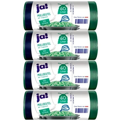 Imagen de ja! 120 bolsas de basura con cordón 60 litros, 30 unidades por rollo, costuras resistentes al desgarro, transparentes, 4 rollos