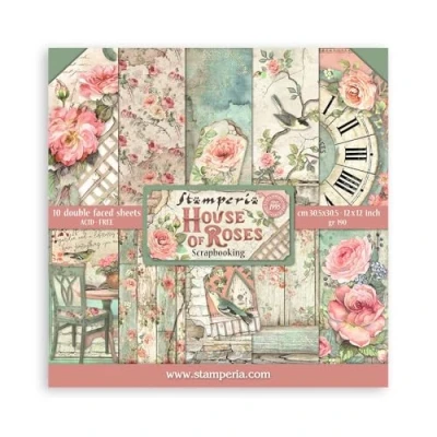 Imagen de Stamperia Bloc de Scrapbooking 10 Hojas 30.5x30.5 (12&quot;x12&quot;) 2 Caras House of Roses, Papel, Multicolor, 30.5cmX30.5cm