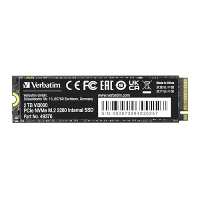 Imagen de Verbatim Vi3000 NVMe M.2 Unidad SSD Interna con 2 TB de Almacenamiento Datos, Estado sólido Interfaz PCIe Gen 3, Color Negro