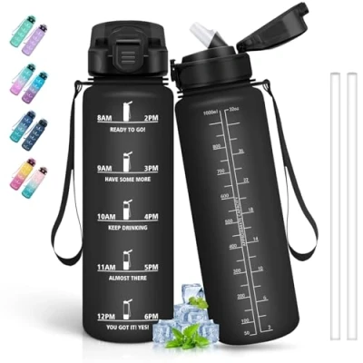 Imagen de Botella Agua, Agua 1 litro, Gimnasio, A Prueba de Fugas, Reutilizable con Pajita, Fácil Limpiar, Deportiva, para la Ciclismo, Senderismo, Correr, Negro