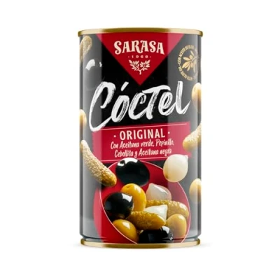 Imagen de Cóctel Mix de aceituna negra, verde, cebollita y pepinillo SARASA (PESO NETO350g ESCURRIDO170g), 12 LATAS)