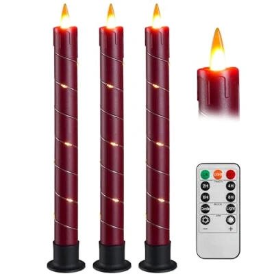 Imagen de Da by 3 velas cónicas parpadeantes sin llama que funcionan con pilas, control remoto y dinámica 3D LED de 24 cm para boda, fiesta, decoración del hogar, color rojo