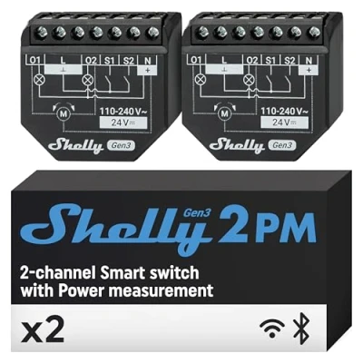 Imagen de Shelly 2PM Gen3 Interruptor de persiana conectado, 2 canales 16 A, Wi Fi y Bluetooth, Medidor consumo integrado, aplicación iOS Android, Compatible con Alexa Google Home, KNXnet (2 Piezas)