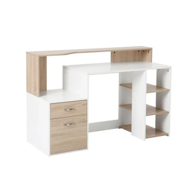 Imagen de HOMCOM Mesa de Ordenador PC 137x55x92 cm Escritorio con Estantería 3 Estantes 2 Cajones y Soporte para Impresora Oficina Estudio Despacho Blanco Roble