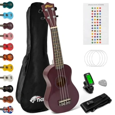 Imagen de TIGER UKEKIT PP El pack de ukelele soprano para principiantes incluye afinador cromático, correa, estuche, juego cuerdas repuesto, color morado