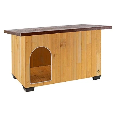 Imagen de Ferplast Caseta de exterior para perros BAITA 120, Madera ecosostenible, Pies aislantes, Puerta con perfil aluminio resistente a las mordeduras, Techo abrible, 141 x 86,5 h 87 cm