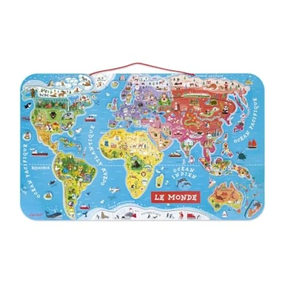 Imagen de Janod Puzle magnético de madera con un mapa del mundo 92 piezas magnéticas 70 x 43 cm Versión francesa Juego educativo a partir 7 años, J05500 Metallic Silver