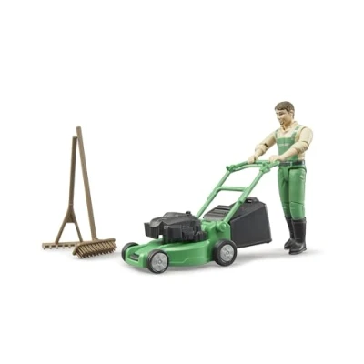 Imagen de bruder 62103 bworld jardinero con cortacésped y herramientas de jardín, figura juguete, granja