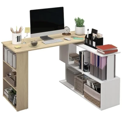 Imagen de HOMCOM Escritorio Esquinero Giratorio en L con Estantería Mesa de Estantes para Oficina Estudio 120x110x74,5 cm Natural y Blanco