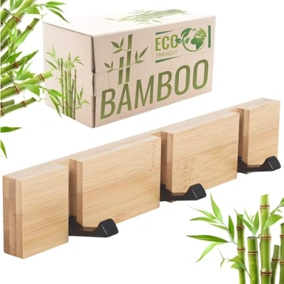 Imagen de RICOO Colgador de Pared Bambú y Acero, Elegante Espacioso, MH023S N Percha Pared, Perfecto para Habitaciones Entradas Barra con 3 Ganchos, 2x30x5,5 cm, Color natural