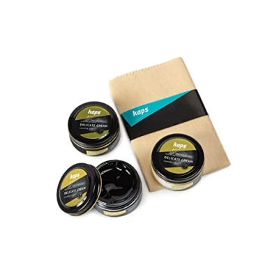 Imagen de Kaps Crema Limpiabotas y Zapatos Profesional con Paño de Algodón. Set 3 Marrón Oscuro/Transparente/Negro 50 ml. Fabricado Cera Natural. Para el Cuidado del Calzado Cuero natural Sintético