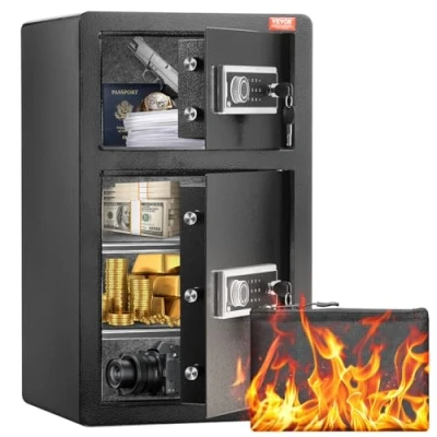 Imagen de VEVOR Caja Fuerte de 127,43 L con Puertas Dobles, Cerradura Llave y Contraseña, Bolsa Ignífuga, Estante para Llaves, Luz LED 2 Divisores Ajustables Extraíbles Dinero, Documentos, Negro