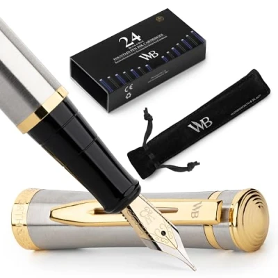 Imagen de Wordsworth &amp; Black Juego de plumas estilográficas punta media con 24 cartuchos tinta, un convertidor para la recarga tinta y Bolsa regalo, caligrafía (Oro Plateado)