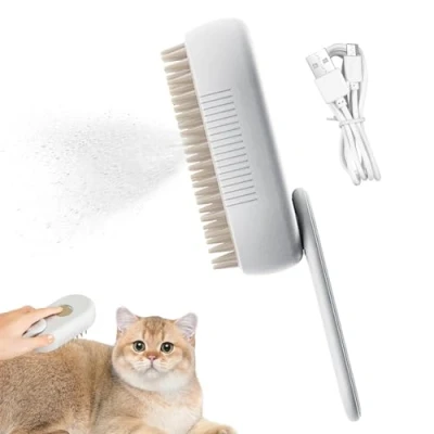 Imagen de cepillo vaporoso 3 en 1 para gatos, de vapor autolimpiante masaje, aseo gatos eliminar el pelo enredado y suelto, suministros