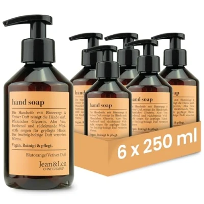 Imagen de jabón líquido para manos Jean &amp; Len de naranja sanguina y vetiver, en set, limpia suavemente las manos, dispensador con bomba, aroma afrutado, sin parabenos, vegano, 6 x 250 ml