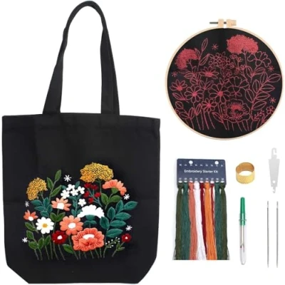 Imagen de NAEBRO Bolsa de Bordado Tela para Bordar Reutilizable Kit Inicio Adultos Principiantes Tote Bag Punto Cruz con Patrónes Florales, Herramientas Completas