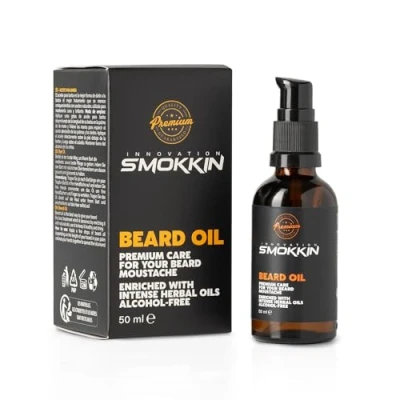 Imagen de Aceite para barba Smokkin Premium, 50 ml, enriquecido con aceites herbales intensos, libre de alcohol.