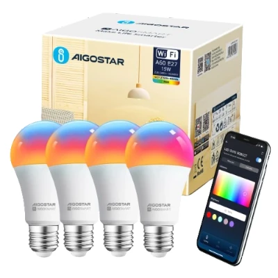 Imagen de Aigostar Bombilla Inteligente LED E27 Wifi 15W 1500lm, RGB(2700K 6500K) Luces Colores Regulable, Sincronización con la música, Conexión rápida, Compatible Alexa y Google Home, Paquete 4