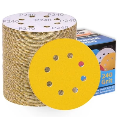 Imagen de 100 unidades de papel lija 125 mm, velcro 240, grano discos abrasivos para lijadora excéntrica, 8 agujeros, hojas profesionales madera, metal y pintura