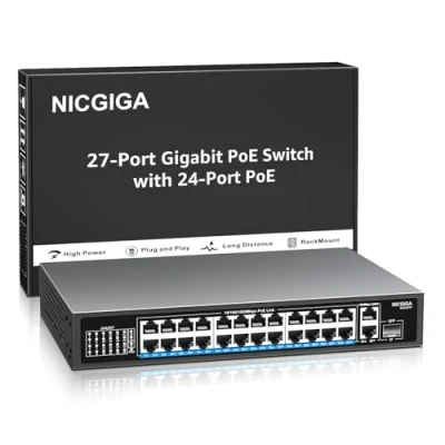 Imagen de NICGIGA conmutador Gigabit PoE de 24 Puertos con PoE+@300W, 2 Uplink, 1 SFP, Metal Robusto para Montaje en sobremesa/Rack, Power Over Ethernet Switch.