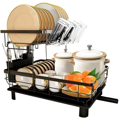 Imagen de JUPPLIES Escurreplatos de 2 Niveles con Soporte para Utensilios Extraíble, Portavasos y Estante Gran Capacidad Escurridor Platos Boquilla Drenaje Automático 33x43x33cm Negro