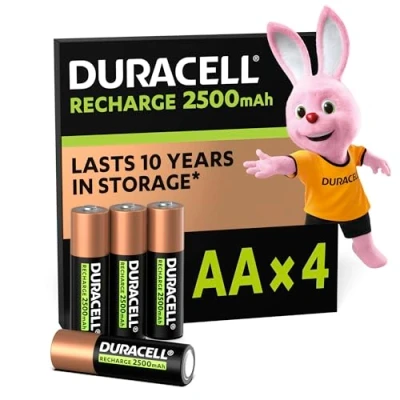 Imagen de Pilas recargables Duracell AA, 4 unidades, 2500 mAh LR06 / LR6, Negro