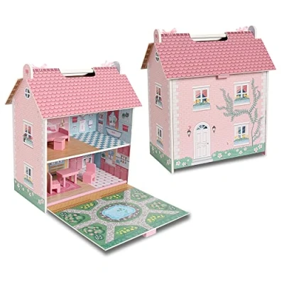 Imagen de DEQUBE Casa de muñecas Madera portatil Casita Juguete 2 Pisos con buhardilla y jardín Asas para Transportar fácilmente Incluye 7 Accesorios Juego Tamaño 39X34,5X18 (913D00017)