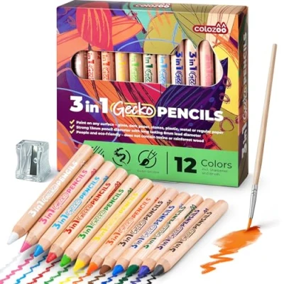 Imagen de colozoo Juego de lápices colores 3 en 1, 12 gruesos, incluye pincel y sacapuntas, no tóxicos veganos para niños a partir años