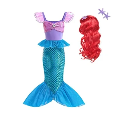 Imagen de Lito Angels Disfraz Vestido Sirenita Princesa Ariel Sirena con Peluca de Pelo para Niñas Talla 5 6 años, Azul Morado (Número etiqueta 130)