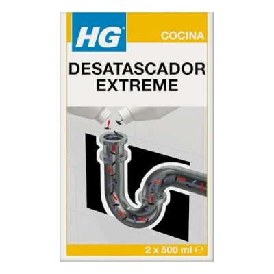 Imagen de HG Desatascador Extreme, Potente de Desagües y Cañerías, Desbloquea Fregaderos Cocina Baño, Elimina los Atascos Tapones Pelo en el Producto 2 x 500 ml