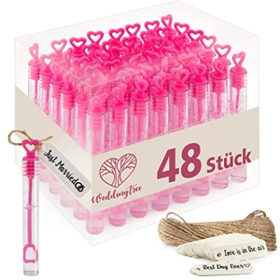 Imagen de WeddingTree 48 Pompas de Jabon Boda Rosa Pomperos con Mango en Forma Corazón para Bodas, Bautizos, Cumpleaños, San Valentín u Otras Celebraciones