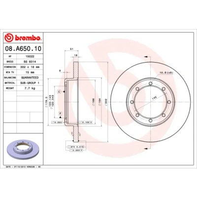 Imagen de BREMBO 08.A650.10 Disco de freno 302 18 8 macizo RENAULT: MASTER 3 Kasten, 3, OPEL: Movano B Furgón, NISSAN: NV400 Furgón