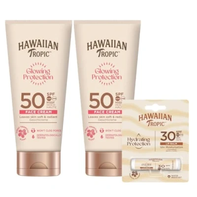 Imagen de Hawaiian Tropic Glowing Protection Locion Solar Facial, Crema Protectora para el Rostro Waterproof con SPF 50 UVA + UVB Protection, Manteca de Karité, ml (Paquete 2 Lip Balm)