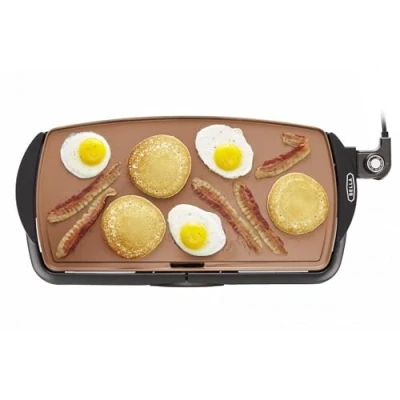 Imagen de BELLA Plancha Eléctrica de Cerámica Titanio Antiadherente, Gran Superficie Cocción Sumergible y Bandeja Grasa Extraíble, Temperatura Regulable, Sin PTFE PFOA, 27cm x 51cm, Cobre