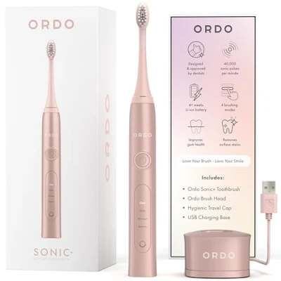 Imagen de cepillo de dientes eléctrico Ordo sonic tecnología inteligente avanzada con batería recargable rápida y elemento pulido silicona USB para adultos Oro Rosa