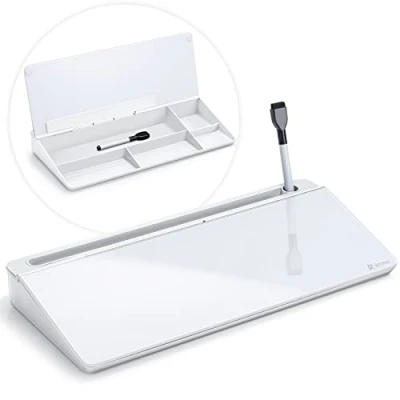 Imagen de Varhomax Pizarra blanca de cristal con almacenamiento, lista tareas pendientes escritorio borrado en seco, soporte teclado para el hogar, oficina y suministros escolares
